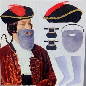 New 4 pc Renaissance Men's Costume Set w Hat, Beard, Historical Gold BuckleSocks